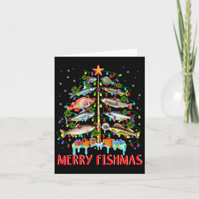 Merry Fishmas Funny Christmas Tree Lights Fish Fis Card (Front)