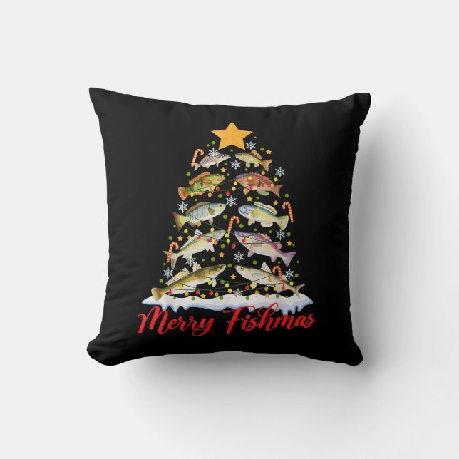 Merry Fishmas Funny Christmas Tree Lights Fish Fis Cushion (Front)