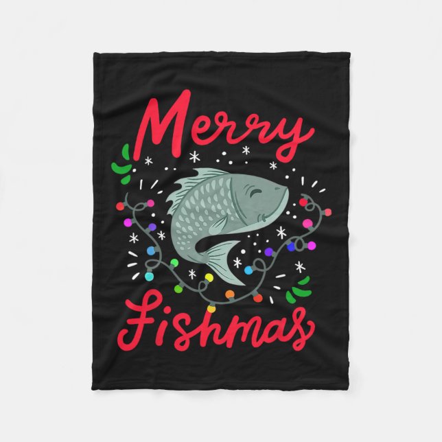 Merry Fishmas Funny Christmas Tree Lights Fish Fis Fleece Blanket (Front)