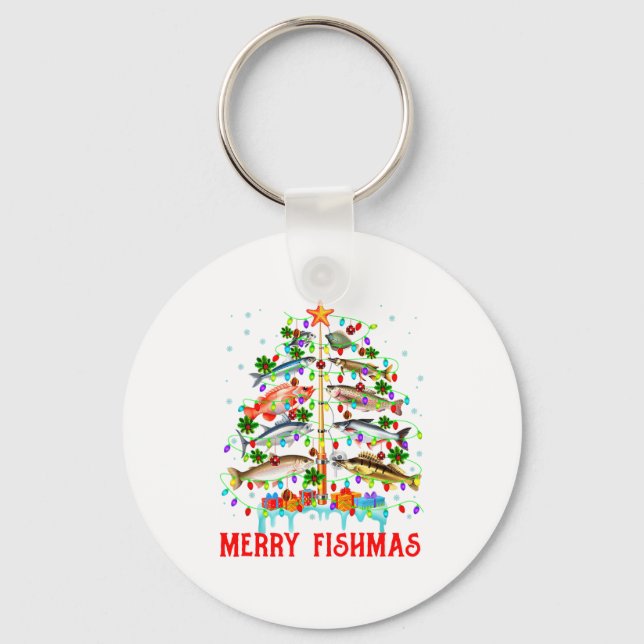 Merry Fishmas Funny Christmas Tree Lights Fish Fis Key Ring (Front)