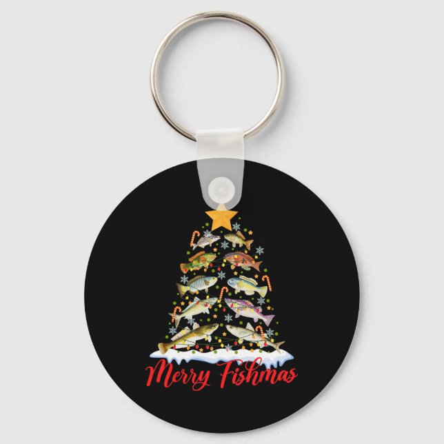 Merry Fishmas Funny Christmas Tree Lights Fish Fis Key Ring (Front)