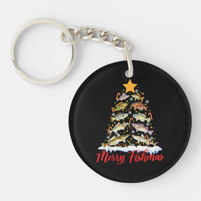 Merry Fishmas Funny Christmas Tree Lights Fish Fis Key Ring (Front)