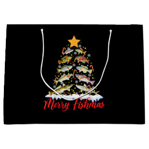 Merry Fishmas Funny Christmas Tree Lights Fish Fis Large Gift Bag