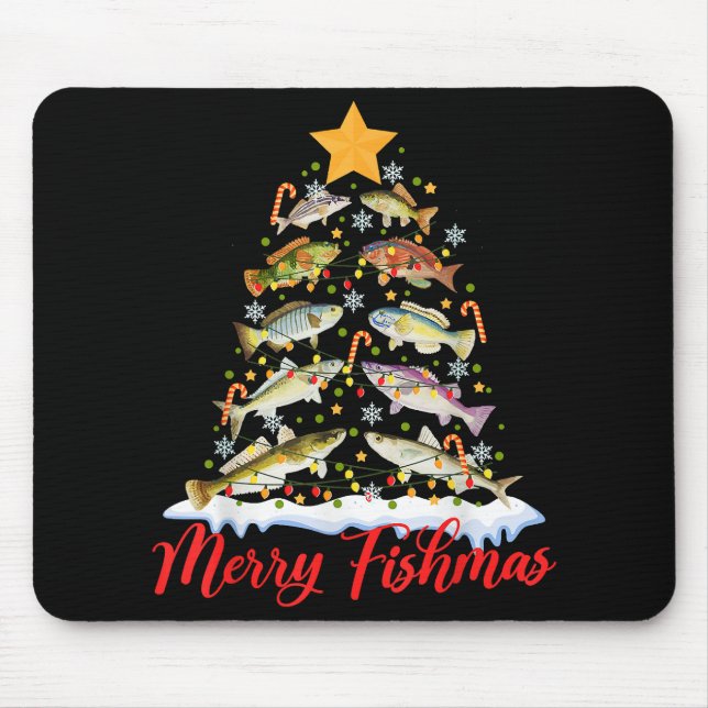 Merry Fishmas Funny Christmas Tree Lights Fish Fis Mouse Pad (Front)
