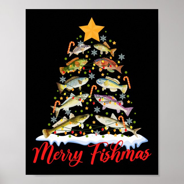 Merry Fishmas Funny Christmas Tree Lights Fish Fis Poster (Front)