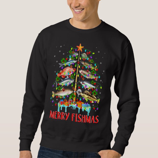Merry Fishmas Funny Christmas Tree Lights Fish Fis Sweatshirt (Front)