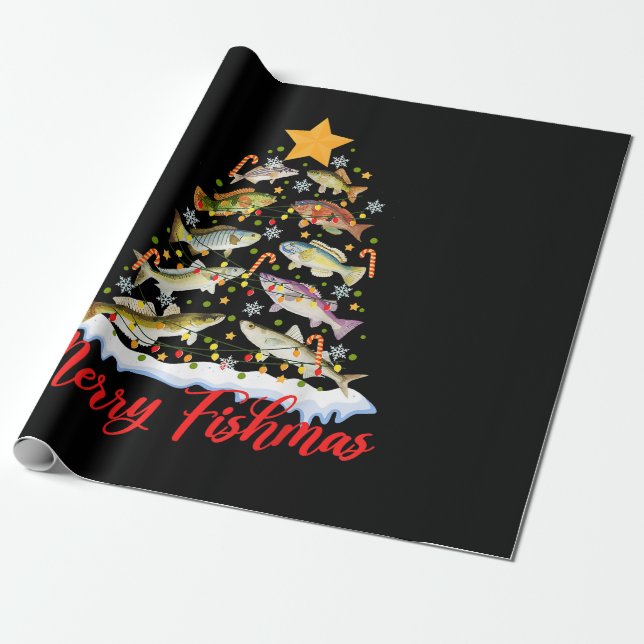 Merry Fishmas Funny Christmas Tree Lights Fish Fis Wrapping Paper (Unrolled)