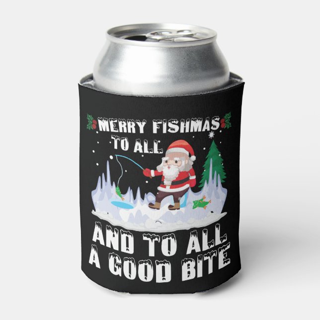 Merry Fishmas Funny Fish Fishing Fisherman Xmas Can Cooler (Can Front)