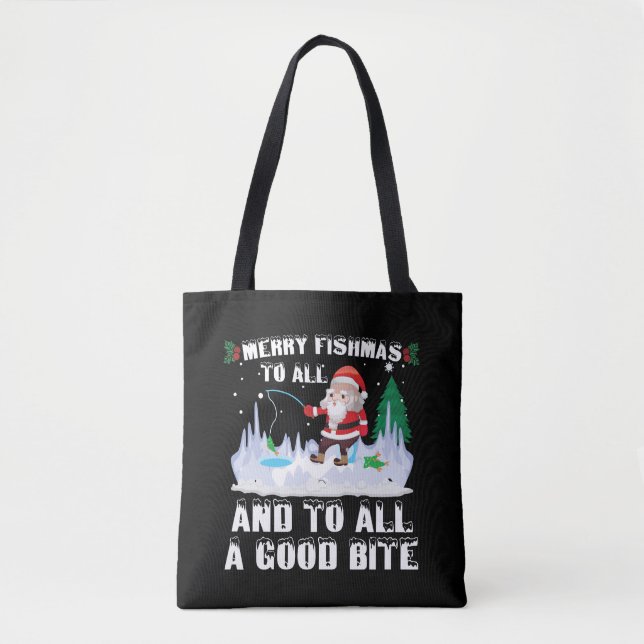Merry Fishmas Funny Fish Fishing Fisherman Xmas Tote Bag (Front)