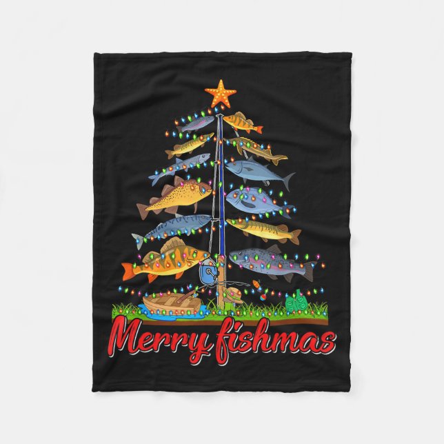 Merry Fishmas Funny Fisher Christmas Tree Fishing  Fleece Blanket (Front)