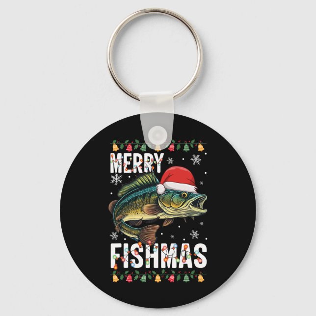 Merry Fishmas Funny Fishing Christmas Pajama Fishe Key Ring (Front)