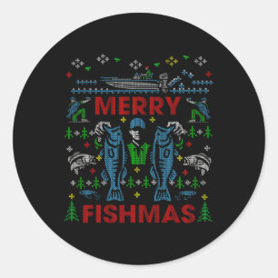 Merry Fishmas Funny Fishing Ugly Christmas Sweater Classic Round Sticker