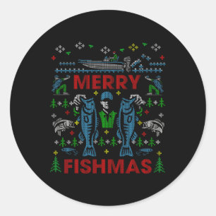 Merry Fishmas Funny Fishing Ugly Christmas Sweater Classic Round Sticker