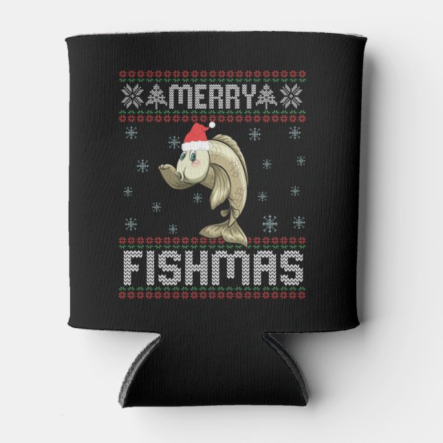 Merry Fishmas Funny Ugly Christmas Sweater Fish Can Cooler (Front)