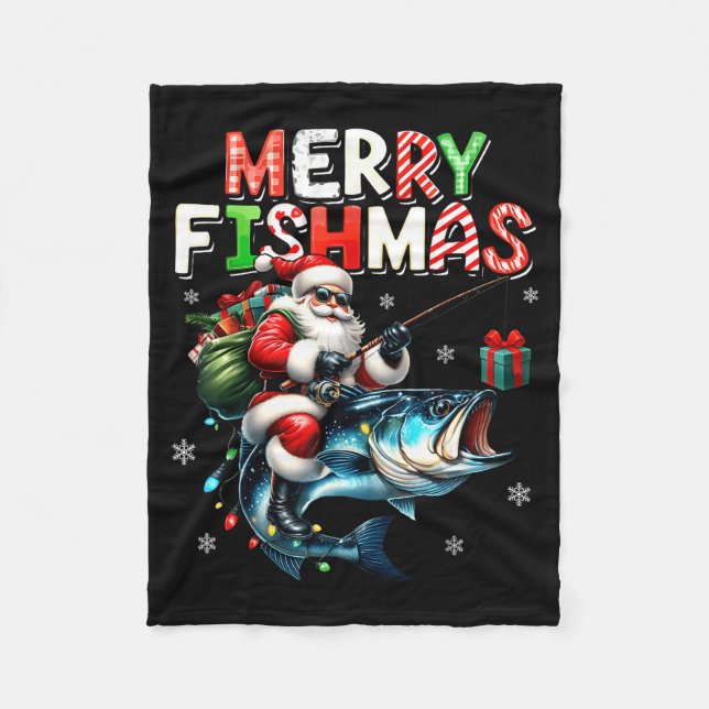 Merry Fishmas Santa Fishing Lovers Funny Fisherman Fleece Blanket (Front)