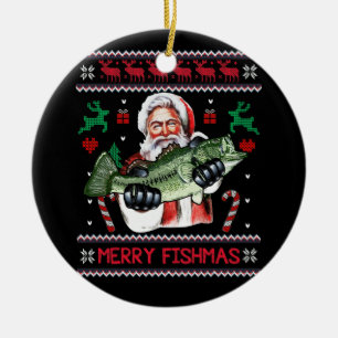 Merry Fishmas Santa Fishing Ugly Christmas Sweater Ceramic Ornament