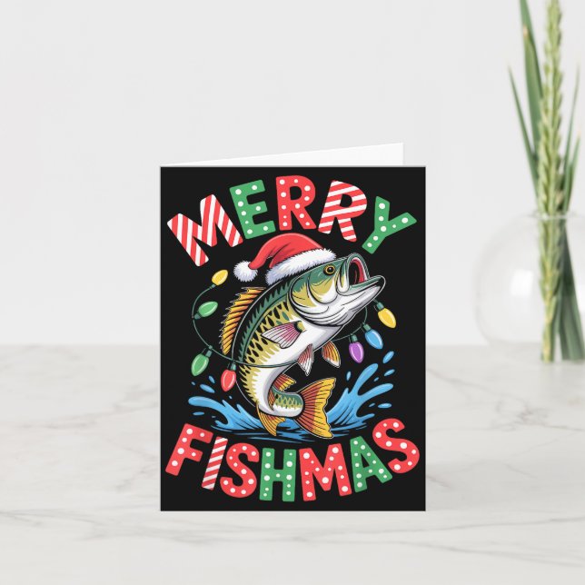 Merry Fishmas Santa Hat B Fishing Christmas Angler Card (Front)