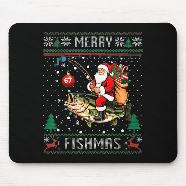 Merry Fishmas Santa Riding B Fish Christmas Ugly S Mouse Pad (Front)