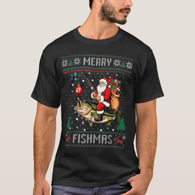 Merry Fishmas Santa Riding B Fish Christmas Ugly S T-Shirt (Front)