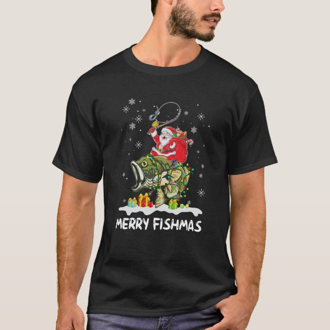 Merry Fishmas Santa Riding Fish Christmas Lights F T-Shirt (Front)