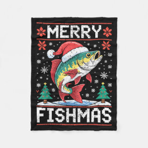 Merry Fishmas Ugly Christmas Sweater Fishing Lover Fleece Blanket