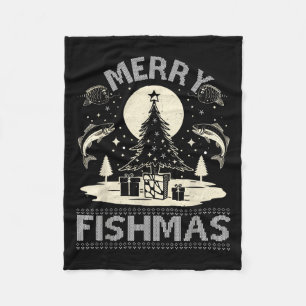 Merry Fishmas Ugly Xmas Sweater - Funny Christmas  Fleece Blanket