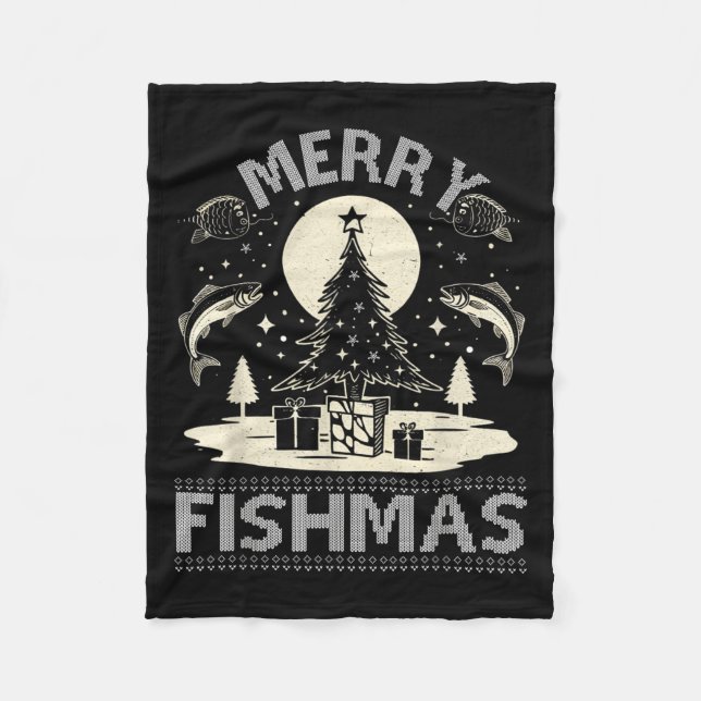 Merry Fishmas Ugly Xmas Sweater - Funny Christmas  Fleece Blanket (Front)