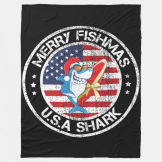Merry Fishmas USA Flag Great White Shark Fleece Blanket