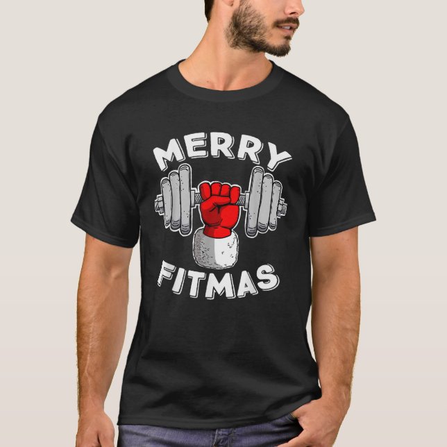 Merry Fitmas Christmas Santa Claus Dumbbell Merry  T-Shirt (Front)