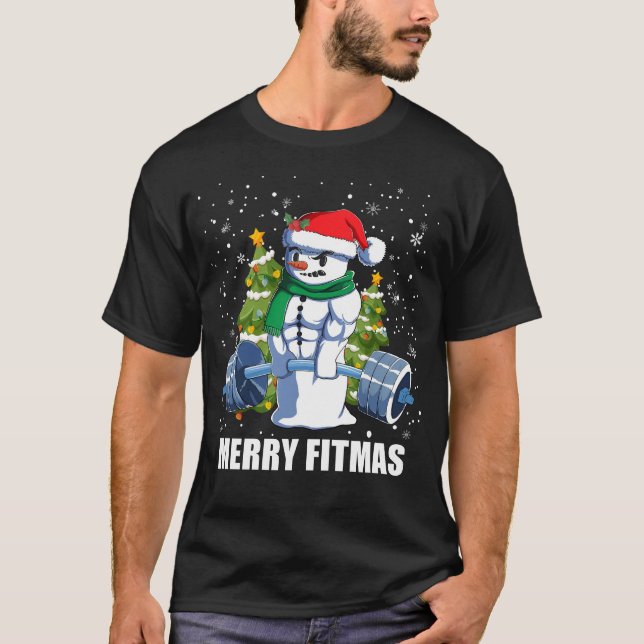 Merry Fitmas, Funny Christmas Snowman Gym Lifting T-Shirt (Front)