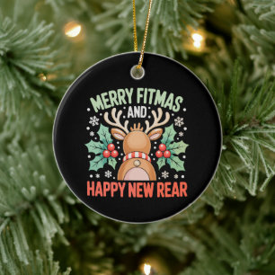 Merry Fitmas Happy New Year Reindeer Workout Xmas Ceramic Ornament