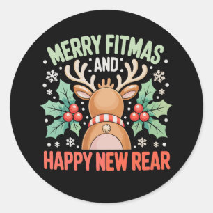 Merry Fitmas Happy New Year Reindeer Workout Xmas Classic Round Sticker