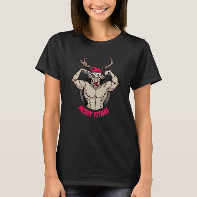 Merry Fitmas Reindeer Muscles  Bodybuilding Christ T-Shirt (Front)