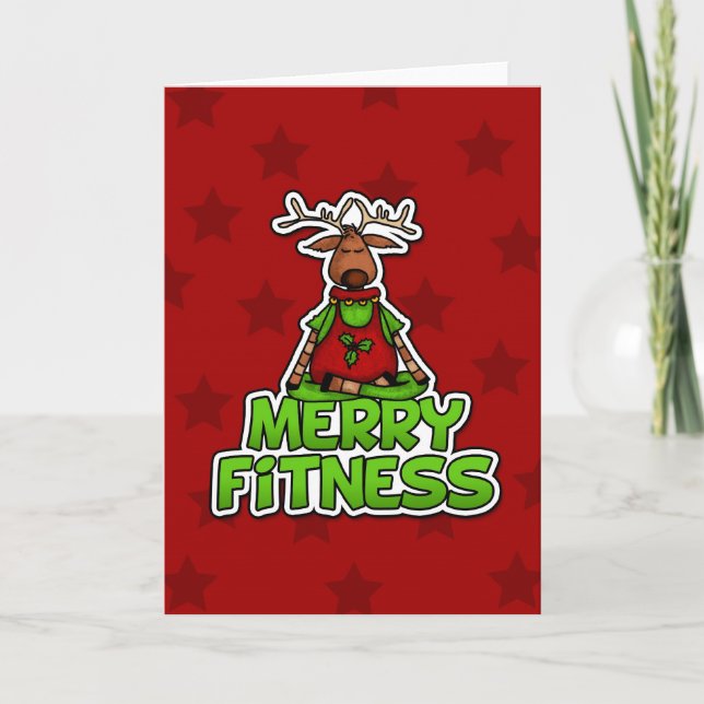 Merry Fitness - Yoga - Reindeer in Lotus Posture Holiday Card (Front)