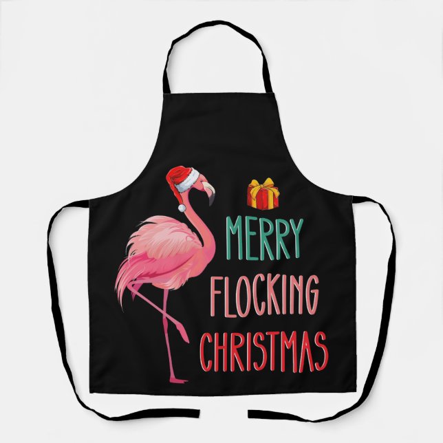 Merry Flocking Christmas Funny Flamingo Holiday Apron (Front)