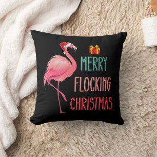Merry Flocking Christmas Funny Flamingo Holiday Cushion