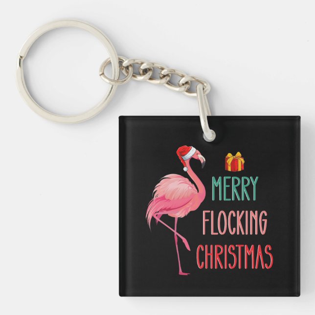 Merry Flocking Christmas Funny Flamingo Holiday Key Ring (Front)