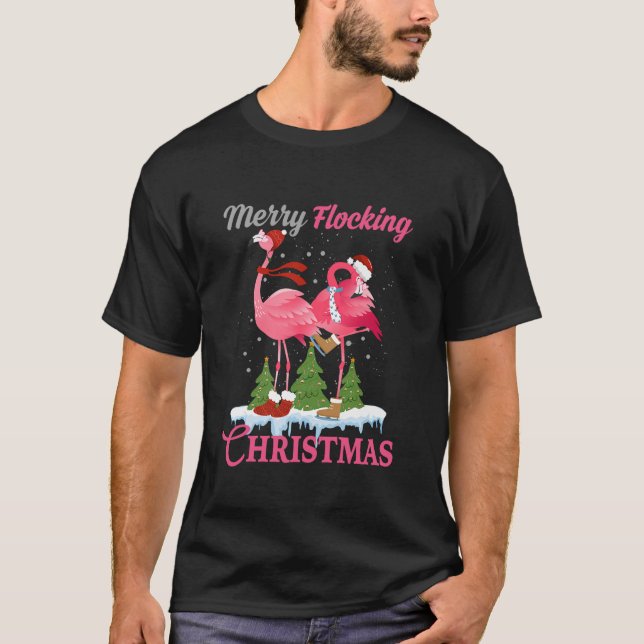 Merry Flocking Christmas Funny Pink Flamingo Chris T-Shirt (Front)