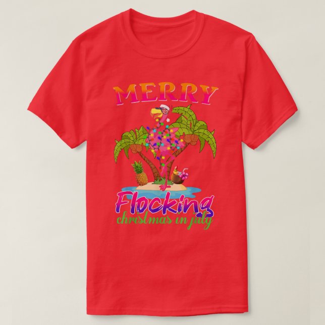 Merry Flocking Christmas In July Flamingo Santa Xm T-Shirt (Design Front)