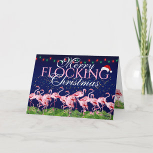 Merry Flocking Christmas Pink Flamingo Holiday Card