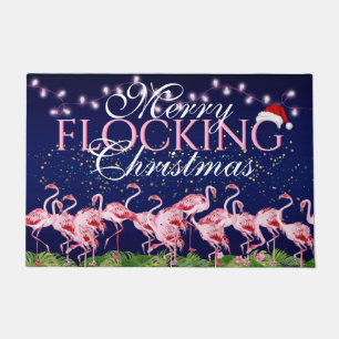 Merry Flocking Christmas Pink Flamingo Holiday Doormat
