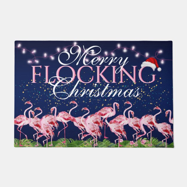 Merry Flocking Christmas Pink Flamingo Holiday Doormat (Front)