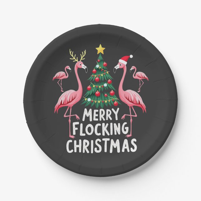 Merry Flocking Christmas Xmas Flamingo Tree Paper Plate (Front)