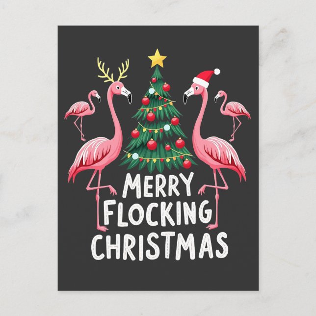 Merry Flocking Christmas Xmas Flamingo Tree Postcard (Front)