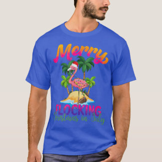 Merry Flocking Flamingo Santa Hat Tropical Beach V T-Shirt