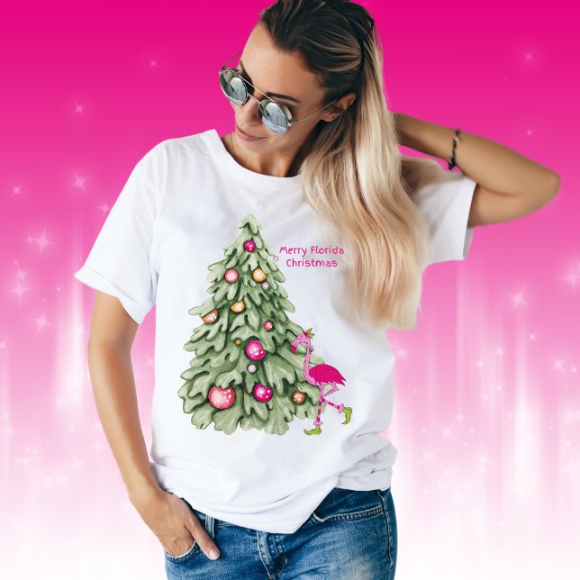 Merry Florida Christmas Pink Flamingo Pastel Tree T-Shirt (Creator Uploaded)
