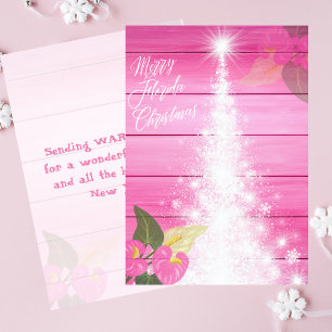 Merry Florida Christmas Pink Hibiscus White Tree Holiday Card