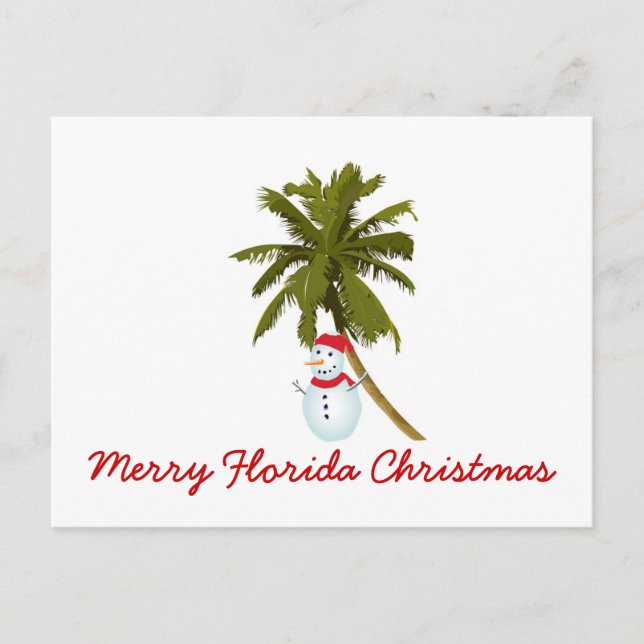 Merry Florida Christmas, Snowman under palm tree Holiday Postcard (Front)