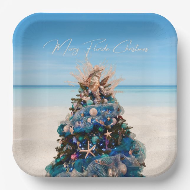 Merry Florida Christmas Tropical Beach and Tree Paper Plate (Front)