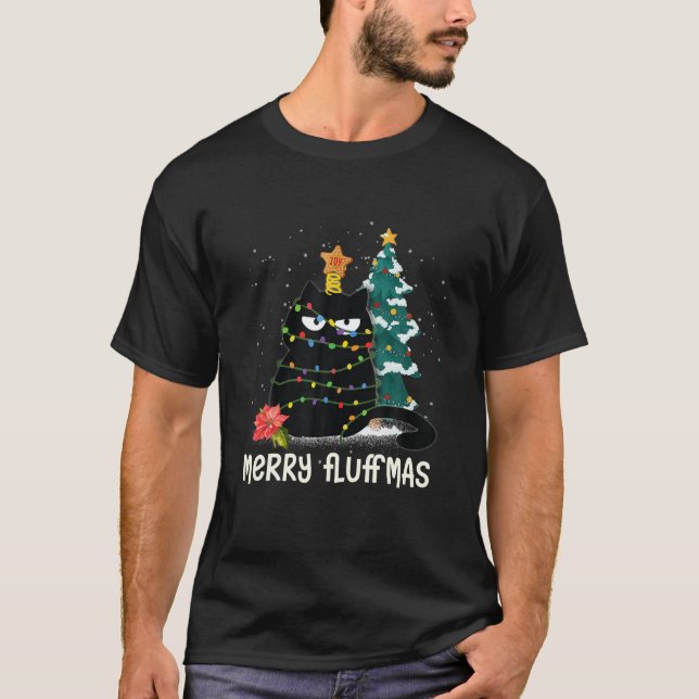 Merry Fluffmas Funny Black Cat Xmas Meowy Catmas C T-Shirt (Front)